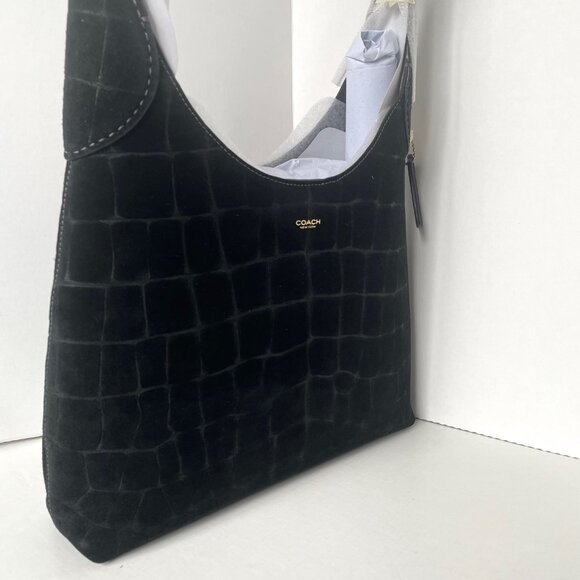 Coach Brooklyn 28 Black Croc Embossed Suede Leather Hobo CCJ00 - Picture 6 of 16